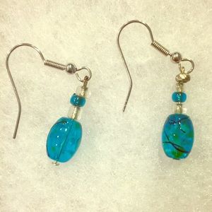 Turquoise Glass Hand painted Dangle Earrings